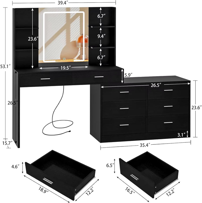 Vanity Desk with LED Lighted Mirror & Power Outlet, Modern Corner Makeup Vanity Table with 8 Drawers & Open Shelves Dressing