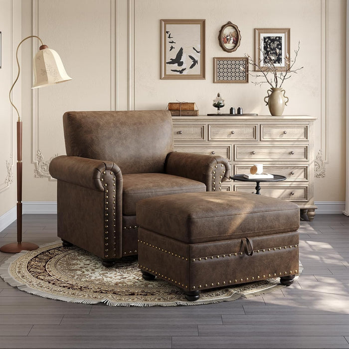 Faux Leather Ottoman with Storage, Rectangle Ottoman Coffee Table with Nailhead Trim, Solid Wood Legs, Oversized Upholstered Footrest Stool for Living Room, Bedroom, Apartment, Brown