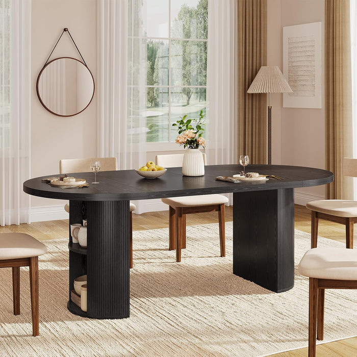 41-78 Inch Extendable Dining Table for 4-8, Fluted Expandable Kitchen Table with Storage, 2 Leaf, Mid Century Modern Oval Dinner Tables for Dining Room, Kitchen, Living Room, Black