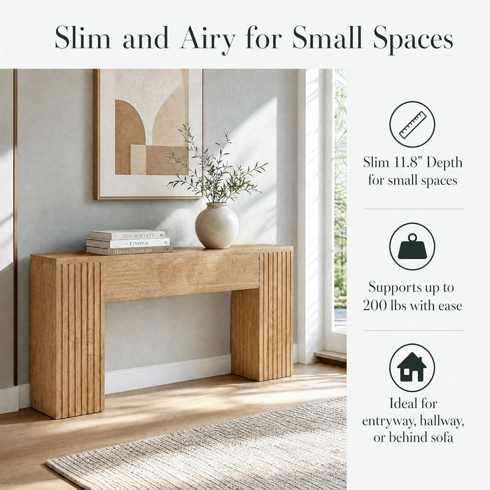 70.86" Long Fluted Console Table, Farmhouse Rectangular Entryway Table with Wooden Double Base, Narrow Wood Sofa Table behind Couch for Entrance, Hallway, Foyer, Living Room, Brown