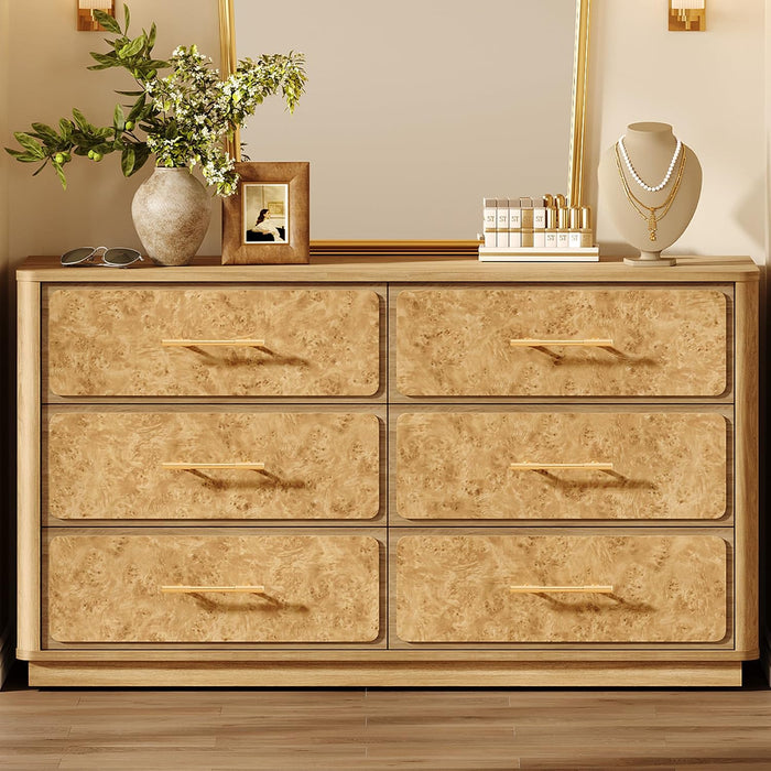 55" Extra Wide Dresser for Bedroom - Burl 6 Drawer Chest of Drawers