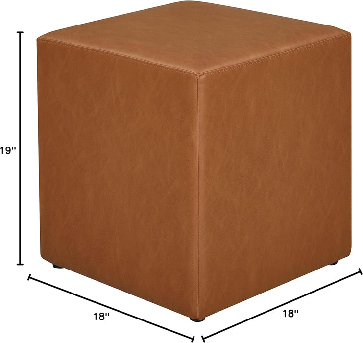 18” Warren Ottoman Square Faux Leather Bench, Stationary Ottomans, Backless Chair, Footrest for Living Room, Footstool Office, Bedroom, Padded Seat, Caramel Brown