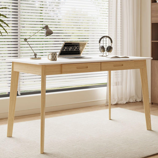 47 Inch Compact Computer Gaming Desk, White Study Work Office Desk with 2 Storage Drawers, Rectangular Study Reading Table, Simple Computer Writing Table for Home Office, Living Room