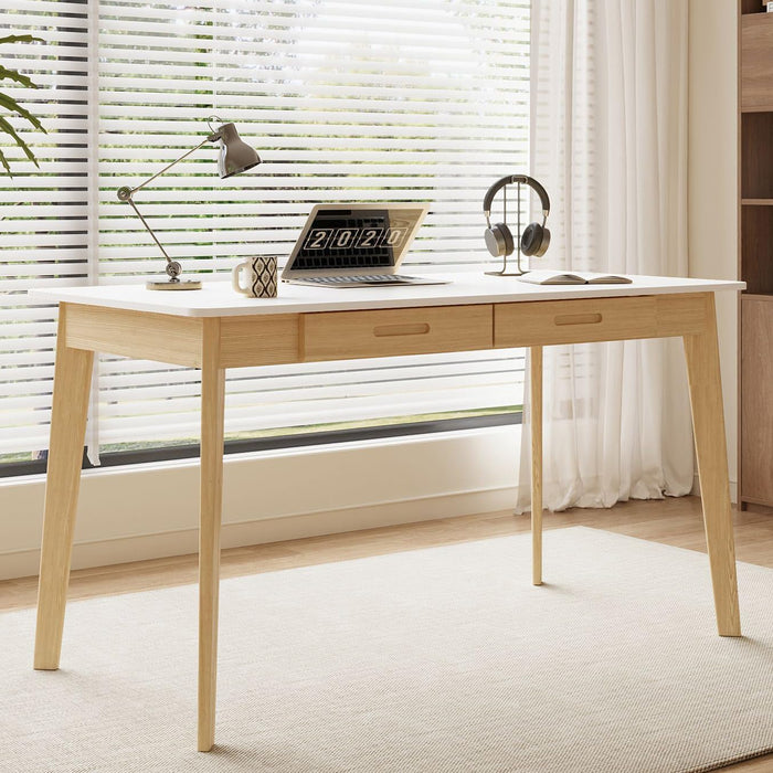 47 Inch Compact Computer Gaming Desk, White Study Work Office Desk with 2 Storage Drawers, Rectangular Study Reading Table, Simple Computer Writing Table for Home Office, Living Room