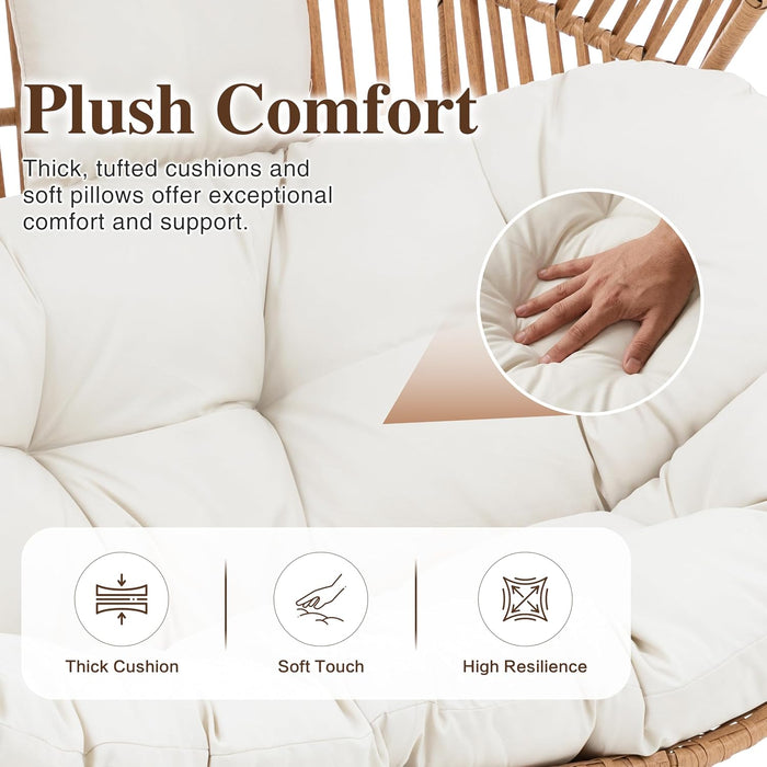 Double Egg Chair Wicker Outdoor Chairs, 2 Person Oversized Patio Loveseat Lounge Chair with Cushion, Indoor Living Room Bedroom outside Patio Backyard Balcony Leisure Chair, Creamy White