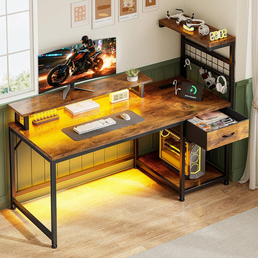 48" Computer Desk with Power Outlets & LED Lights, Gaming Desk with Drawer & Storage Shelves, Reversible Home Office Desk with Monitor Stand, for Living, Study Room, Gaming Room, Rustic Brown