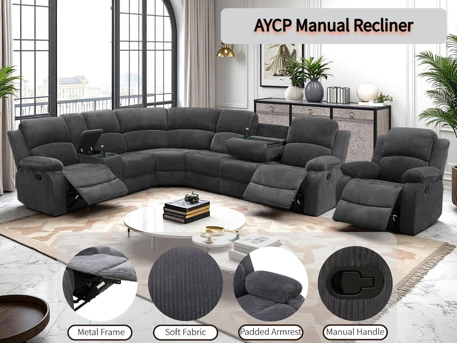 Manual Reclining Sofa Set with Drop-Down Table, Corduroy Sofa Sets, Living Room Furniture Sets, Modern Manual Recliner Sofa Sets with Storage Console for Living Room (Dark Grey, Sectional+Chair)