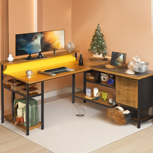 61" L Shaped Desk with Drawer, Computer Desk with Power Outlets & LED Lights, Reversible Corner Gaming Desk for Home Office Workstation, Office Desk with Monitor Shelf, Vintage