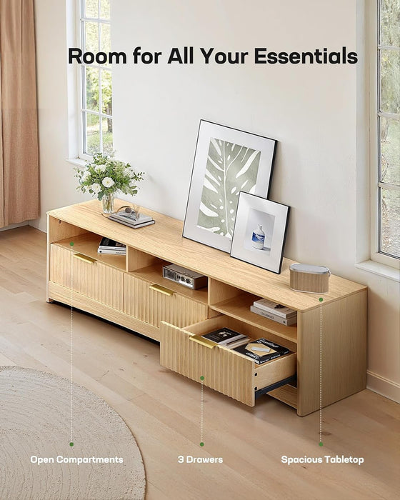 59″ Wide TV Stand for Tvs up to 65″, Modern Entertainment Center with Fluted Panels, 3 Easy-Sliding Drawers, Open Shelves & Cable Hole, 3-Tier TV Stands for Living Room & Bedroom, Natural Oak