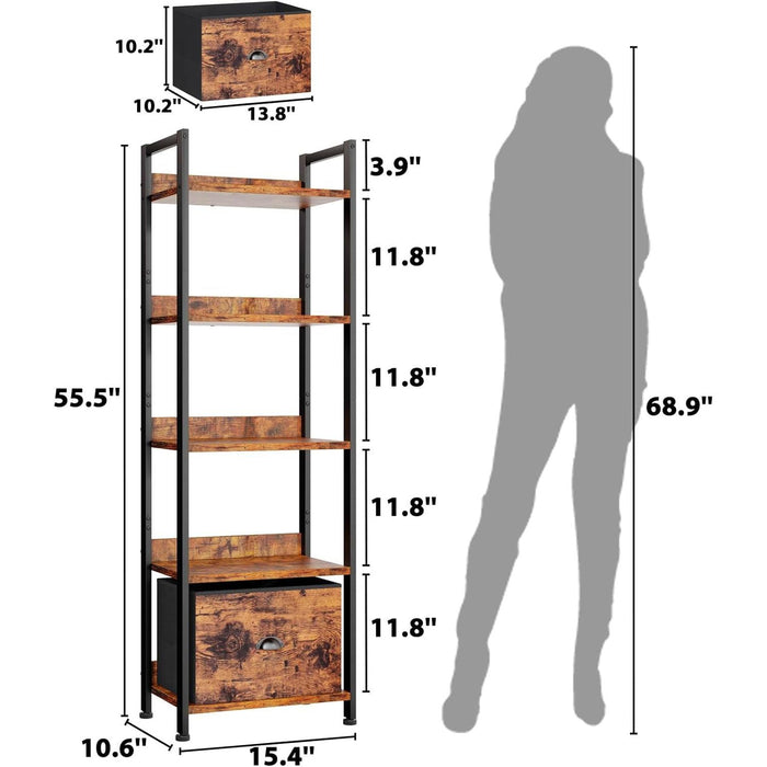5 Tier Bookshelf with Drawer, Tall Narrow Bookcase with Shelves, Wood and Metal Bookshelves Storage Organizer, Industrial Display Standing Shelf Unit for Bedroom, Living Room, Rustic Brown