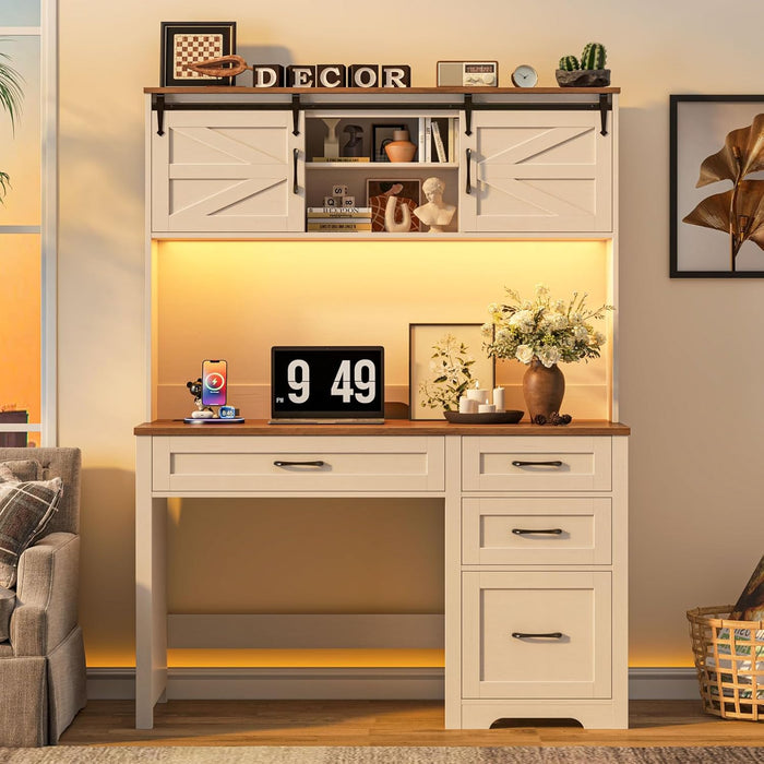Farmhouse 67" H Executive Desk with Hutch,Computer Desk with Charging Station,Office Table with LED Light and 4 Drawers,File Drawers and Storage Cabinet,Workstation for Home Office.Unique White
