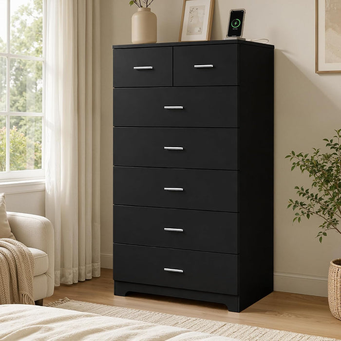 47.3" Tall Dresser with Charging Station Wooden 7 Drawer Dressers for Bedroom Chest of Drawers with Sliding Rails for Home Office Entryway Black