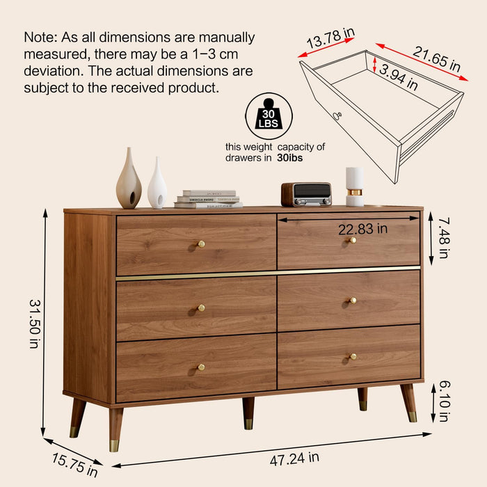 Walnut 6-Drawer Dresser 47-Inch Modern Mid Century