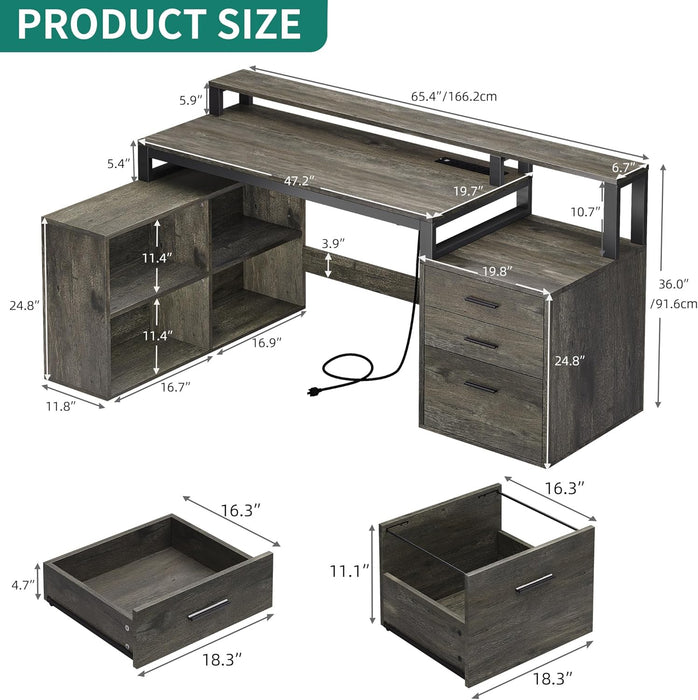 L Shaped Desk with 3 Drawers, 65" Corner Computer Desk with Power Outlets & LED Lights, L-Shaped Desk with File Cabinet & Printer Stand for Home Office, Grey