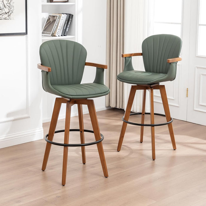 26” Counter Height Stools Set of 2,Mid Century Modern Bar Stools,Green PU Leather Kitchen Island Stool,Wood High Barstools Swivel with Back and Arms for Home Bar Furniture