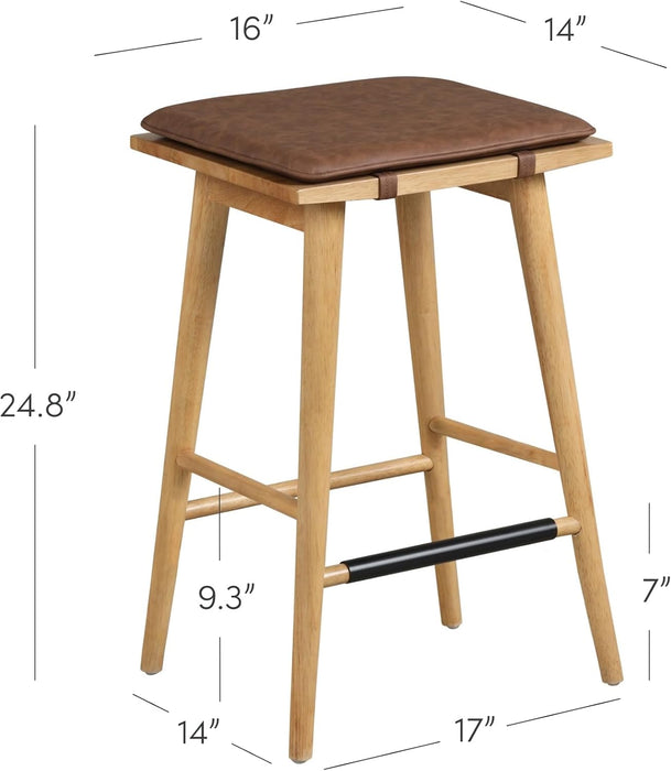 Nathan James Barker Classic Counter Height Wood Barstool with Leather Removable Cushion, Backless Island 24" Bar Stool for Kitchen, Chestnut Brown, Set of 2