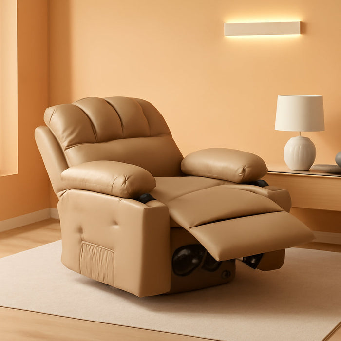 Leather Recliner Chair, Manual Recliner W/Comfortable Arms and Cup Holders for Living Room CF8011 - Khaki, Medium