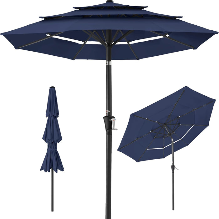 Best Choice Products 10Ft 3-Tier Market Patio Umbrella, Outdoor Sun Shade with Tilt, Crank Lift, 8 Ribs for Backyard, Deck, Poolside – Navy Blue