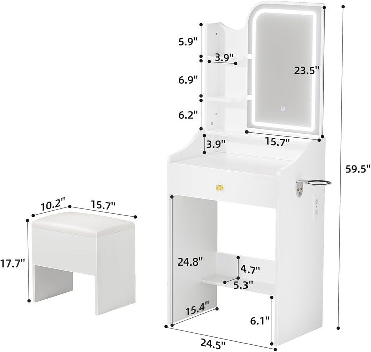 Small Vanity Desk with Lighted Mirror, Makeup Vanity Set with Lights, Drawers, Charging Station, Storage Bench, Open Shelf, Dressing Table for Small Room, Vanities for Girl & Kids, White