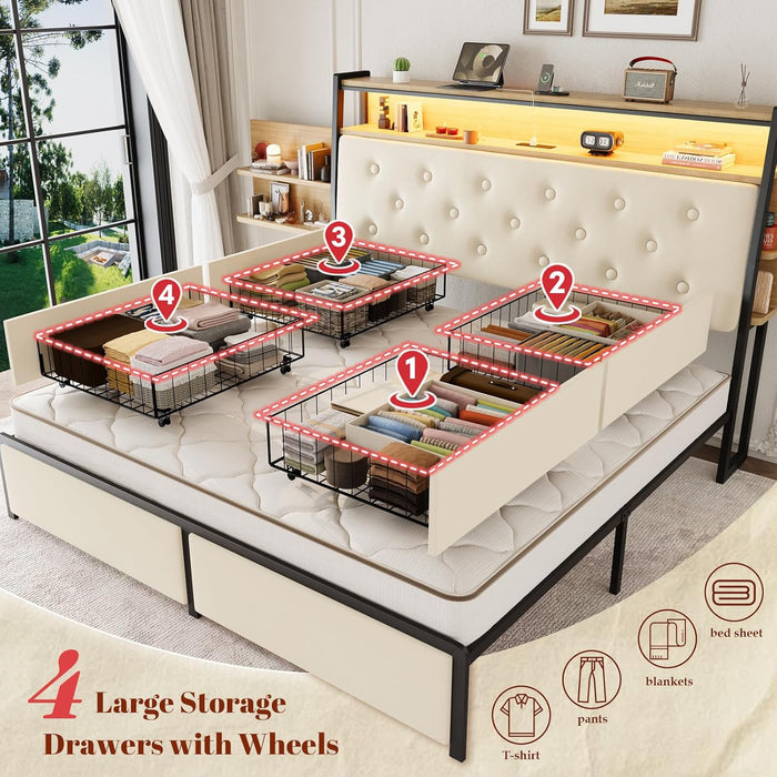 King Bed Frame with Storage Headboard, Velvet Upholstered Platform Bed with 4 Drawers, LED Bed Frames with Charging Station, No Box Spring Needed, Easy Assembly, Beige