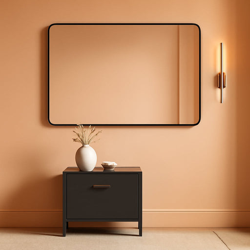Black Metal Framed Bathroom Mirror for Wall, Large 55X30 Inch Rounded Rectangle Mirror, Matte Black Bathroom Vanity Mirror Farmhouse, Anti-Rust, Tempered Glass, Hangs Horizontally or Vertically