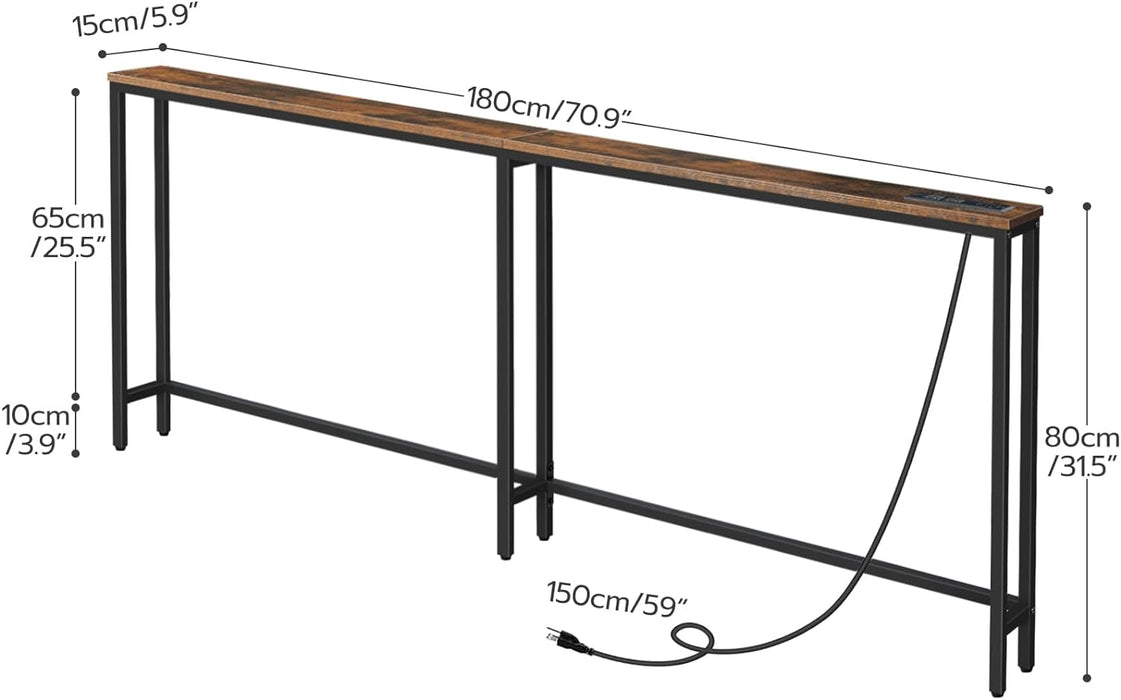 70.9" Narrow Console Table with Charging Station, 5.9" Sofa Table with 2 Power Outlets and USB Ports, Long Entryway Tables behind Couch Table, for Hallway, Livingroom, Rustic Brown BF185UXG01G1