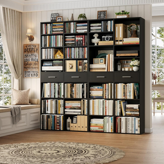 73" Tall Bookshelf with Drawers, 7-Tier Black Bookshelf with Storage, Double Wide Bookcase with 14 Open Book Shelves, Wood Book Case with Adjustable Shelves for Media CD DVD Storage, Black