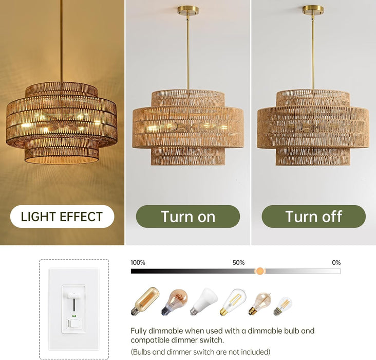 24” Boho Large Rattan Chandelier Light Fixture,6-Light Large Hand Woven Pendant Light Fixture Farmhouse Rustic Chandeliers for Kitchen Bedroom, Dining Room, Living Room, Hallway, Foyer