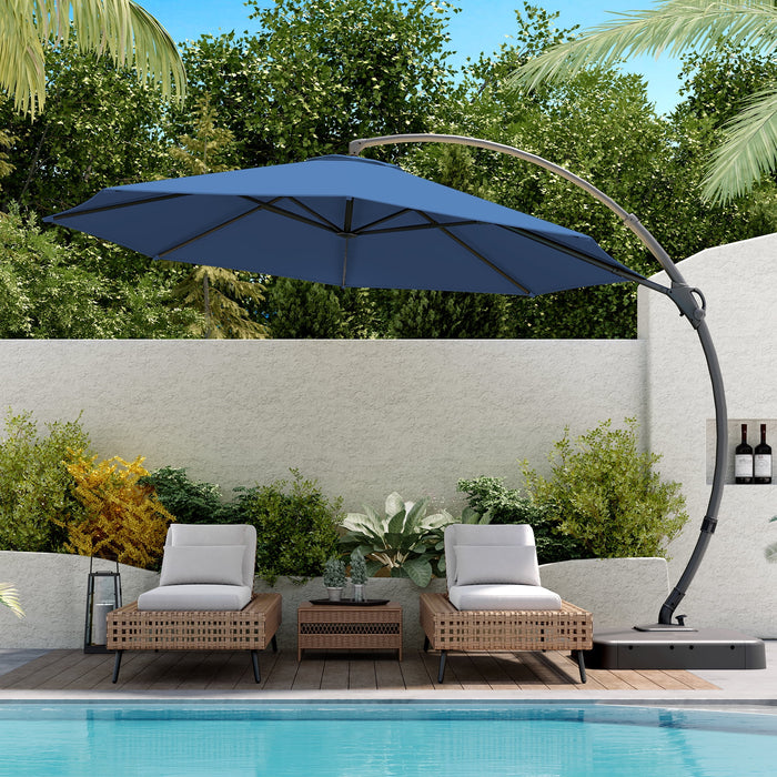 12FT Deluxe Patio Umbrella with Base, Outdoor Large Hanging Cantilever Curvy Umbrella with 360° Rotation, Navy Blue