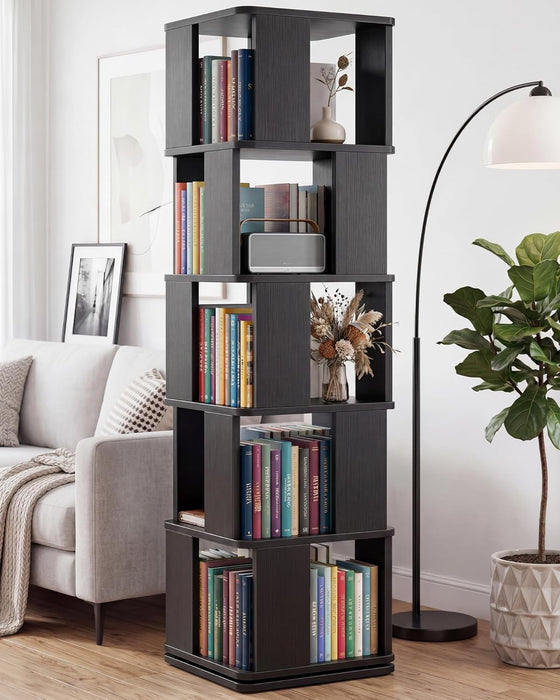 5-Tier Rotating Bookshelf Tower, 360° Spinning Modern Book Storage Bookcase, Stable Display Corner Book Shelf for Kids Room, Living Room, Bedroom, Home Office, Black