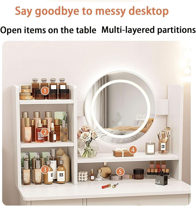 Dressing Table,Makeup Table with Drawers, Vanity Desk with Mirror and Led Lights,3 Lighting Mode,Makeup Vanity Desk,Multifunctional Makeup Writing Desk for Bedroom (80CM)