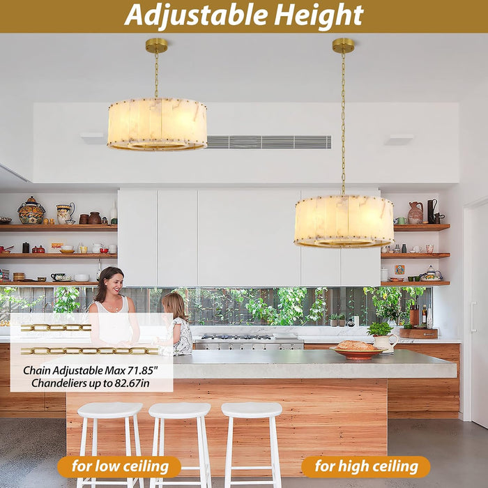 Alabaster Chandeliers,D24In Marble round Alabaster Chandelier,Modern Brass Dining Room Chandelier, Adjustable Gold Chandeliers for Bedroom,Bathroom,Entryway,Foyer,E12 Bulbs Included