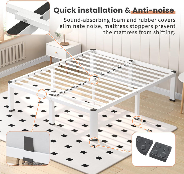 14 Inch White Full Heavy Duty 3500Lbs Bed Frame with Round-Corner