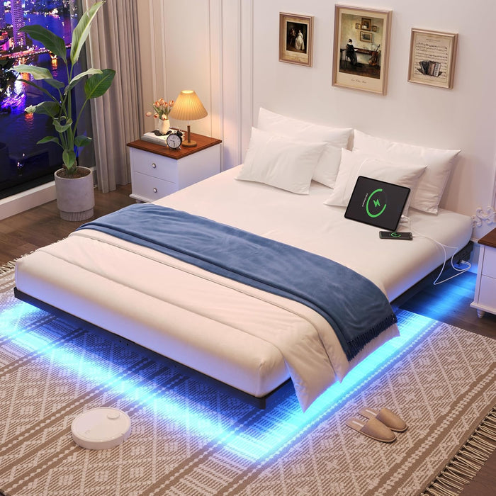 Floating Bed Frame Queen Size with Smart LED Lights & Charging Station