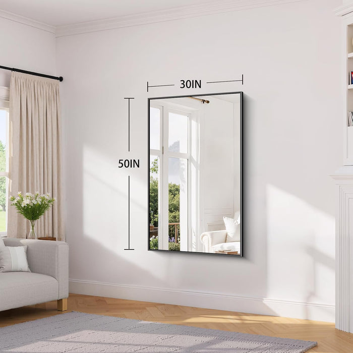 Black Framed Bathroom Mirror - Shatterproof 30"X50" Tempered Glass, HD No Distortion, Horizontal/Vertical Mount, Modern Matte Aluminum Alloy Frame