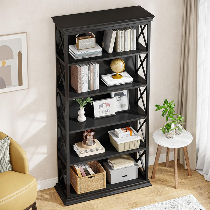 6-Tier Bookcase, 71 Inches Industrial Bookshelves and Bookcases, Floor Standing 5 Shelf Display Storage Shelves Tall Bookcase for Home Office, Living Room, Bed Room, All Black
