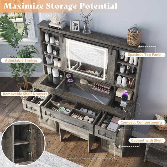 47.2" Farmhouse Vanity Desk with Mirror and Lights, Rustic Makeup Vanity Table with Charging Station, Vanity Set with Stool & Storage, LED Sliding Mirror & Glass Top, Dark Oak Finish