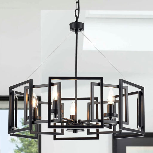 Industrial Style Chandelier, with Matt Black Finish Geometric Shade Pendant Lighting Fixture for Dining Room Living Room Kitchen Island Bedroom 5-Light