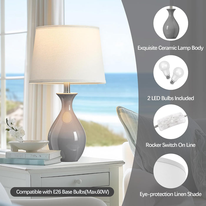 Table Lamp Set of 2, Modern Ceramic Bedside Lamps for Night Stands, Classic Small Lamp Nightstand Lamp for Bedroom Living Room Desk End Table Rocker Swtich Grey