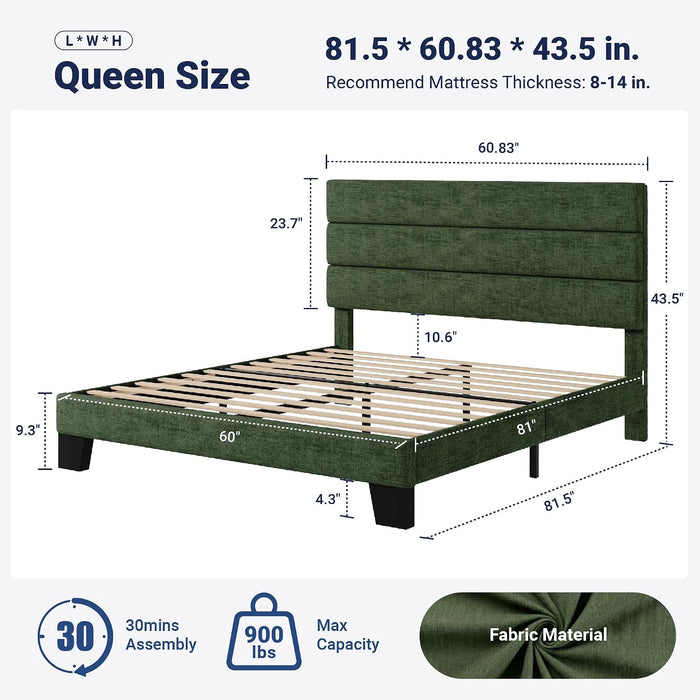 Queen Size Platform Bed Frame with Fabric Upholstered Headboard and Wooden Slats Support, Fully Upholstered Mattress Foundation/No Box Spring Needed/Easy Assembly, Green