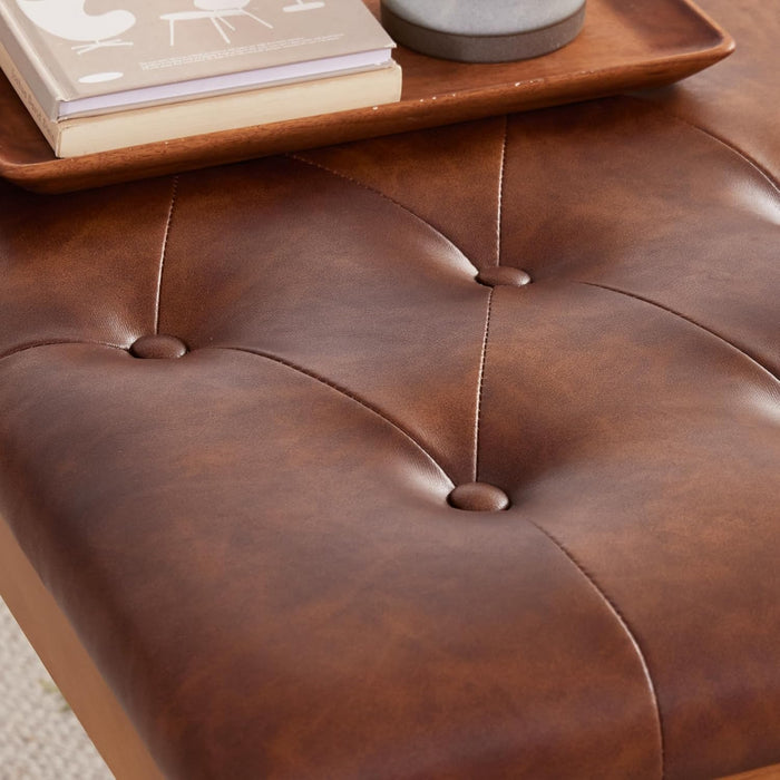 Ottoman Bench Upholstered Padded Seat with Solid Wood Legs and Button-Tufted, Big Oversized Ottoman, Faux Leather Retro Brown