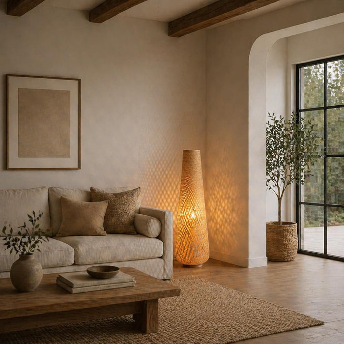 -Farmhouse Style Bamboo Floor Lamp,Large Wicker Indoor Floor Light,Boho Standing Light Plug In,Modern Minimalist Standing Lamp for Living Room Bedroom
