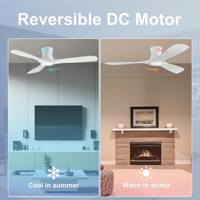 52In Smart Low Profile Ceiling Fans with Lights Remote,Quiet DC Motor,Outdoor Indoor Flush Mount Ceiling Fan,Control with WIFI Alexa App,Dimmable,6-Speed,3 White Wood Blades,For Modern Bedroom Patio