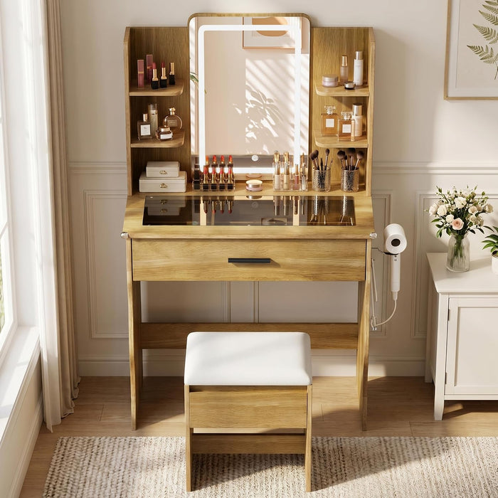 Compact Vanity Desk With Multifunctional Illuminated Mirror