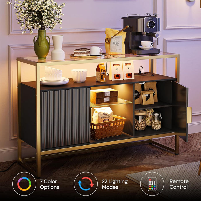 Coffee Bar Cabinet with Power Outlet, 47" Sideboard Buffet with Storage, Glass Shelves, and LED Light, Fluted Bar Cabinet with Door for Living Room, Bedroom, Classic Black