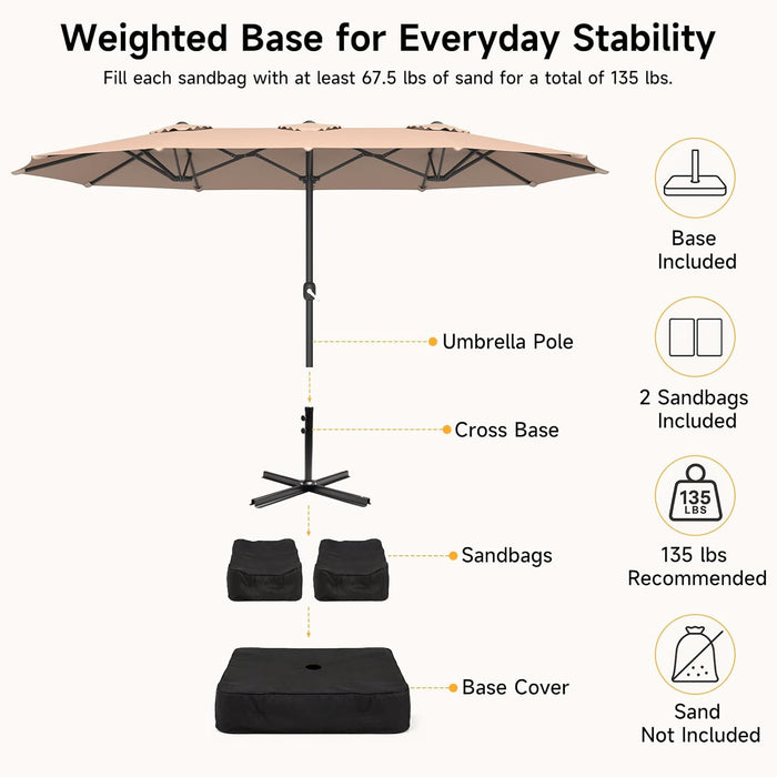 15Ft Patio Umbrella with Base Included, Extra Large Shade Area, Double Sided Rectangle with Crank Handle for Poolside, Garden, Yard, Beige