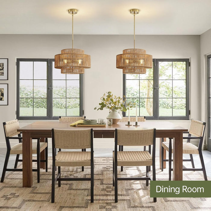 17.7" Rattan Chandelier for Dining Room, Large Boho Pendant Light
