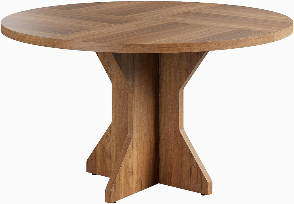 round Dining Table for 4-6 People - 47" Circle Kitchen Dinner Table with Sturdy Pedestal Base, Small Spaces Dinning Room Furniture for Living Room, Kitchen, Apartment, Brown