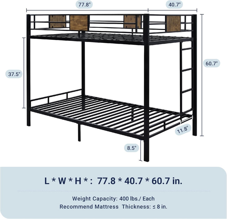 Twin over Twin Bunk Bed with Rustic Wooden Accents, Sturdy Metal Frame, Space-Saving Design, Noise-Free, Black