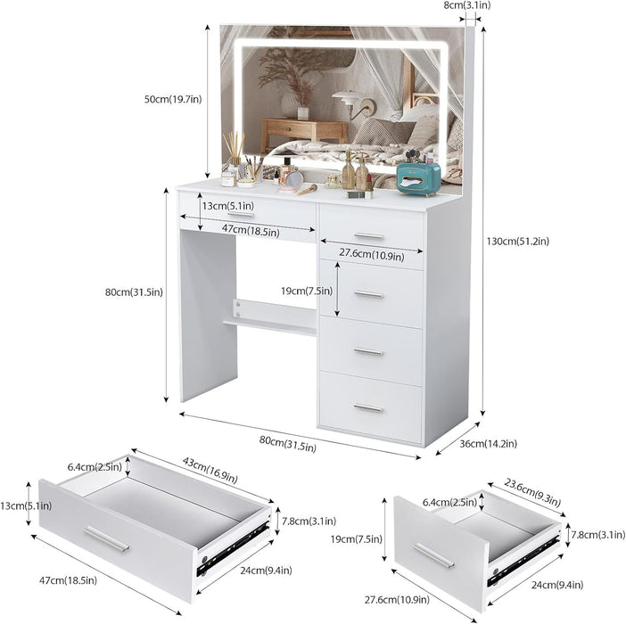 White Makeup Vanity Desk Set with Large Mirror, 31.5X14.2X51.5 Inch Makeup Vanity with 5 Drawrs, 3 Adjustable Light Modes, Vanity for Bedroom & Dressing Room